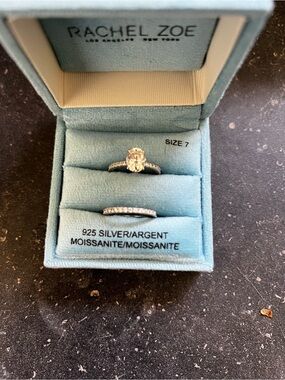 Rachel Silver Moissanite Engagement Ring Set with Light Blue Box